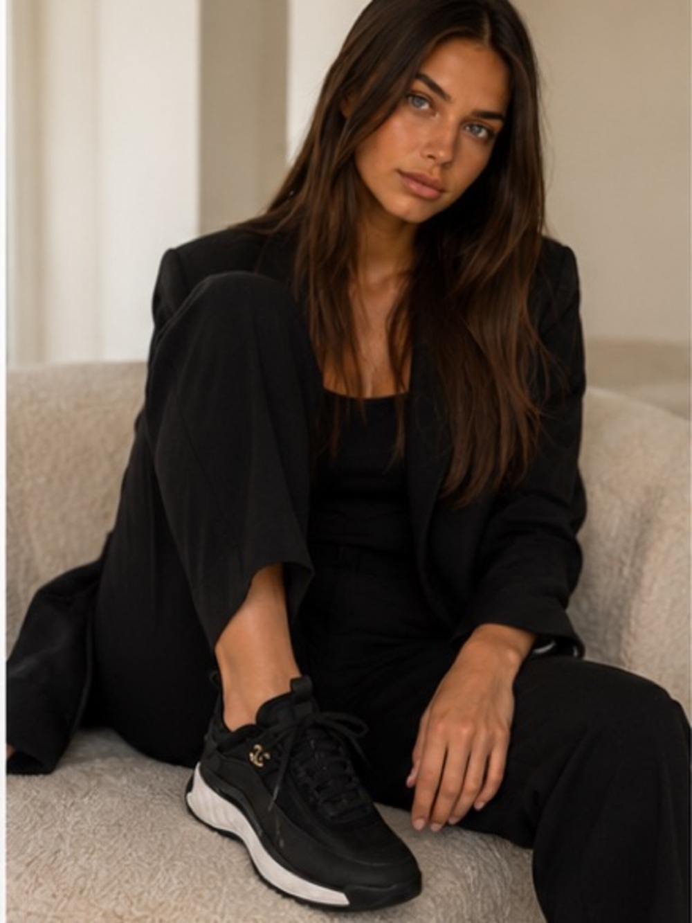 CHANEL Black Leather & Suede Low-Top Sneakers with Gold CC
